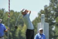 Austin Eckroat plays a shot on the 15th hole during the first round of the Wyndham Championship (Photo via IMAGN)
